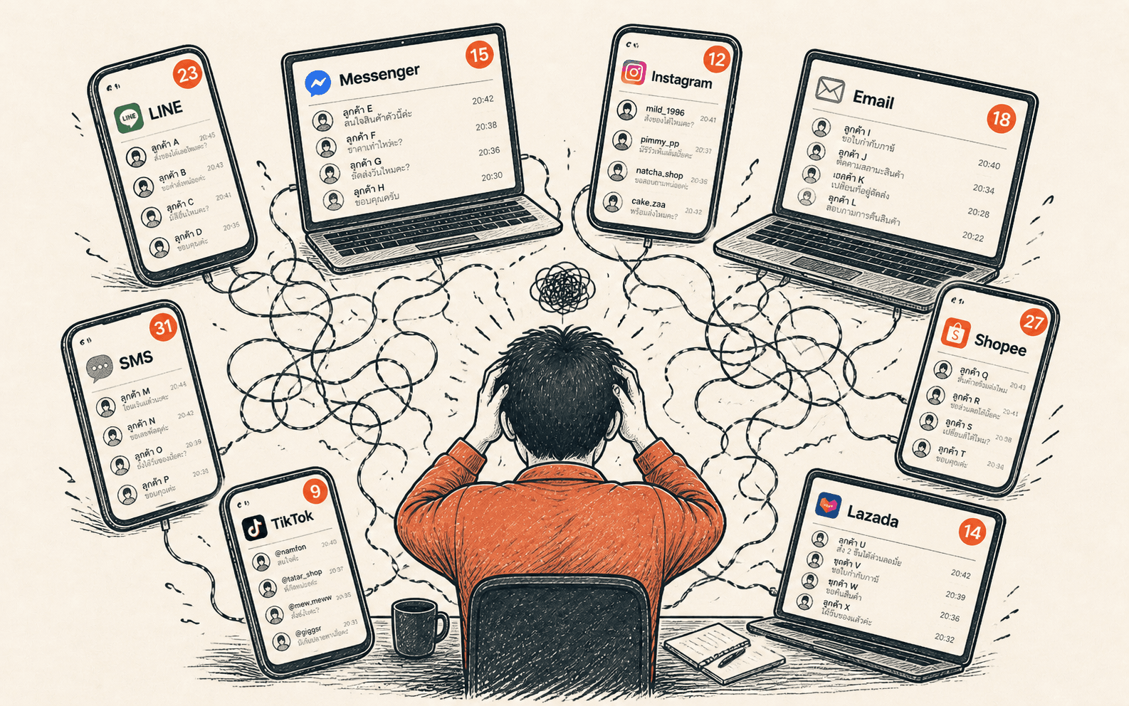 ลูกค้าหนึ่งคนกระจายอยู่ทั้ง 8 ช่องทาง — Messenger เช้า, IG บ่าย, LINE เย็น, Shopee กลางคืน