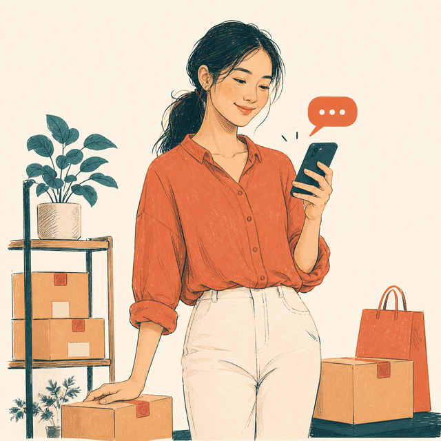 Thai shop owner replying to a customer through Inboxly on her smartphone, with shipping boxes and a shopping bag